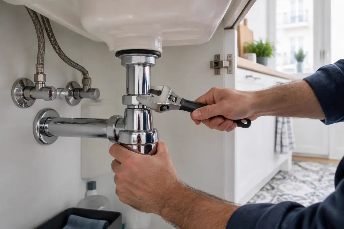 Plombier resserrant le siphon sous un évier